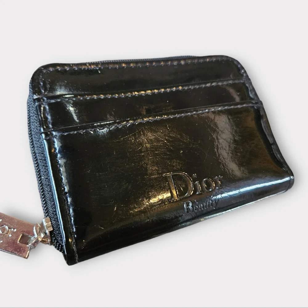 Dior Beauty Black Patent Leather Zip Around Wallet w/ Cardholder